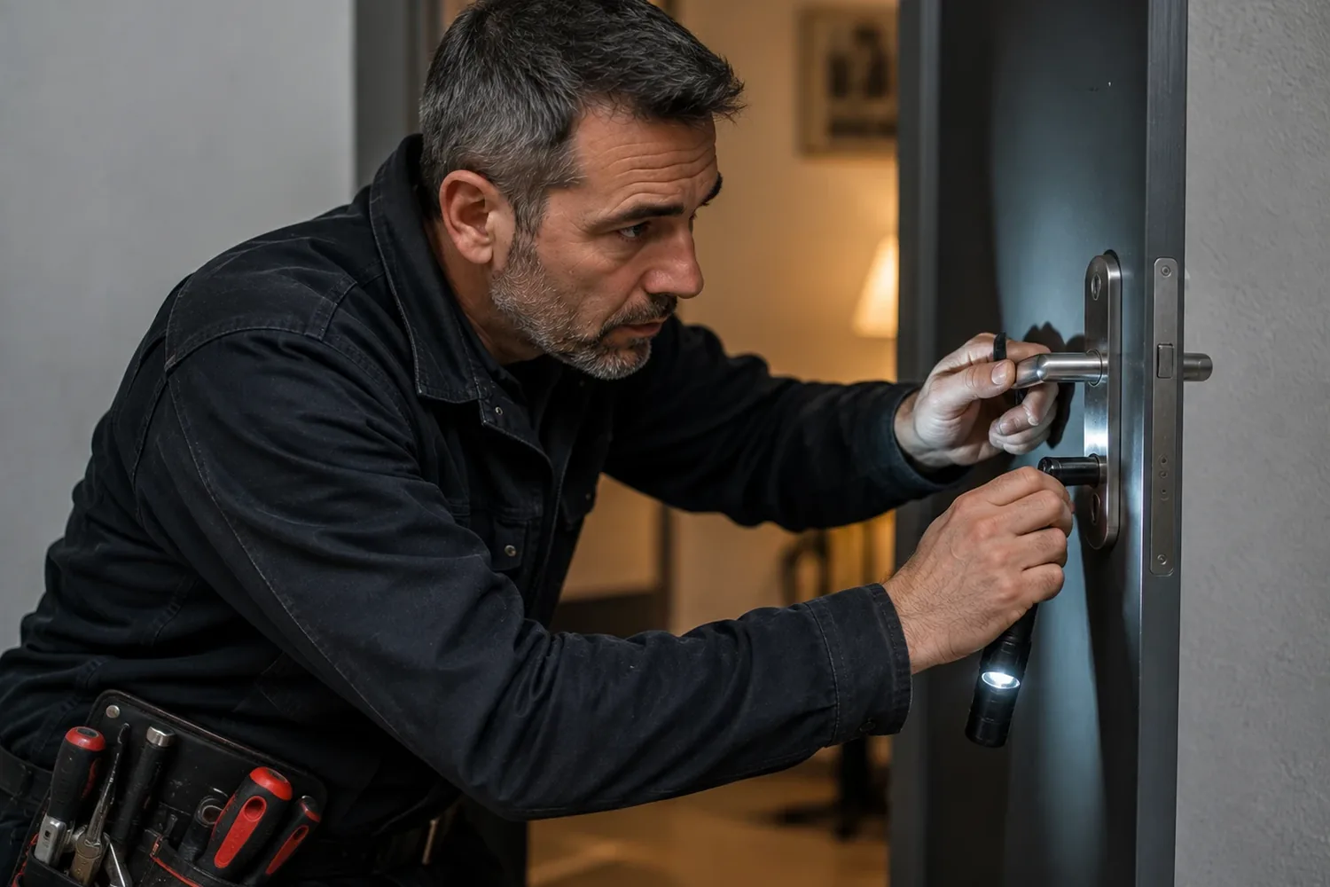Serrurier éclairant à la lampe torche la serrure d'une porte d'entrée lors d'un dépannage en soirée, ceinture à outils à la taille