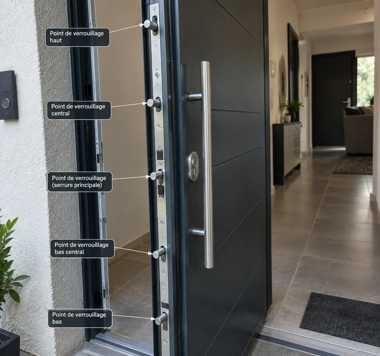 Chant d'une porte d'entrée blindée ouverte, avec ses cinq pênes de verrouillage repérés un à un du haut vers le bas : point haut, point central, serrure principale, point bas central et point bas