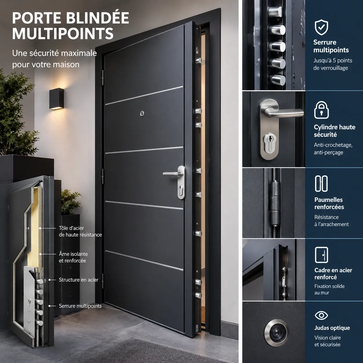 Planche explicative « Porte blindée multipoints » : vue d'ensemble d'un bloc-porte blindé, coupe montrant la tôle d'acier, l'âme isolante et la structure, et détails de la serrure multipoints, du cylindre haute sécurité, des paumelles, du cadre acier et du judas