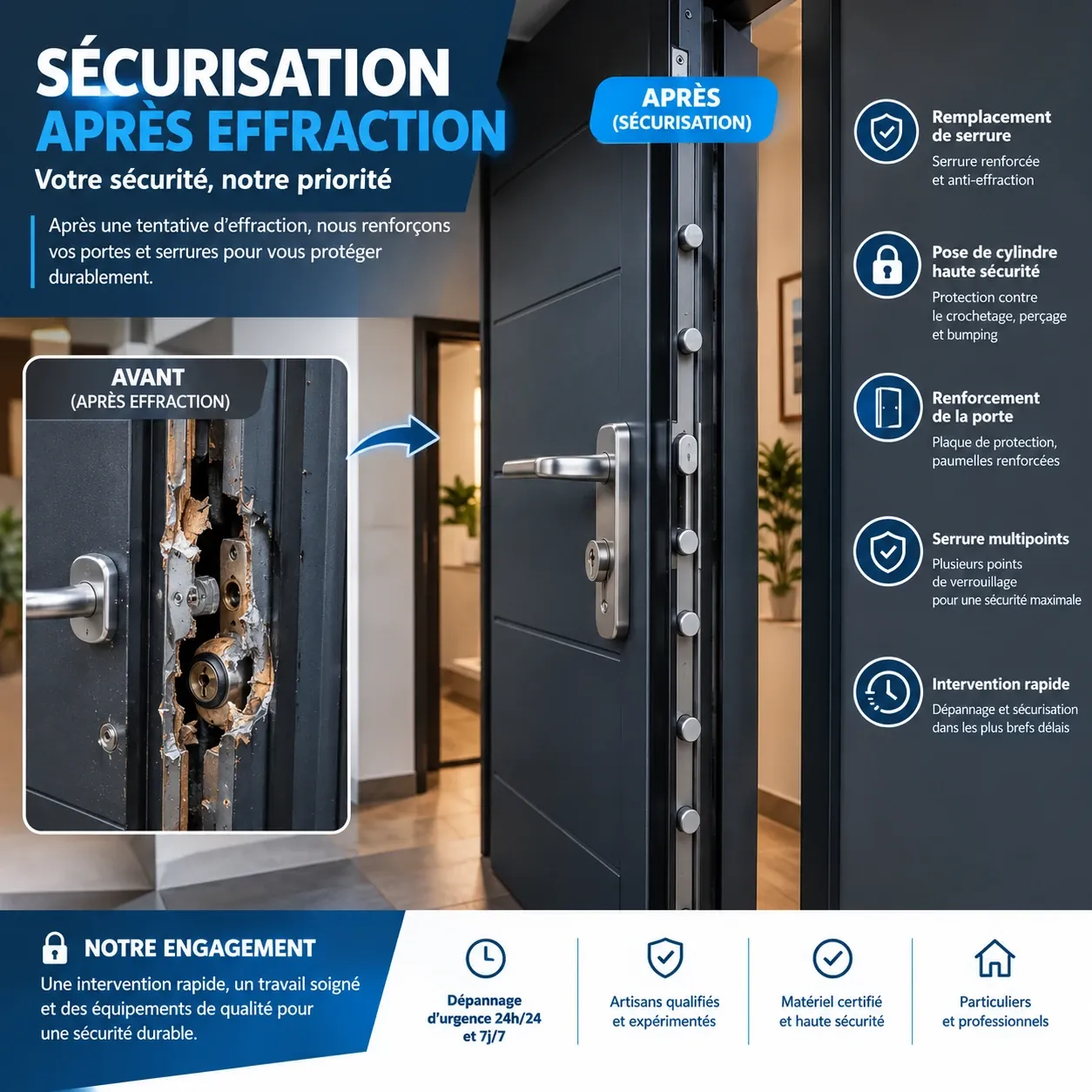 Planche explicative « Sécurisation après effraction » : à gauche une porte au chant arraché autour de la serrure, à droite la même porte remise en sécurité avec serrure multipoints, cylindre haute sécurité et paumelles renforcées